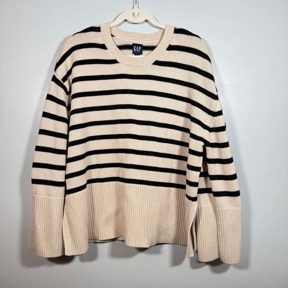GAP Striped Crewneck Sweater Black Cream Pullover Cotton Fall Knit L Minimalist - Picture 2 of 7